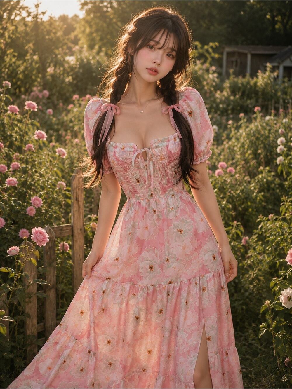 Logan Rae for Roolee Coquette Daydreams Satin Milkmaid romance Maxi Dress